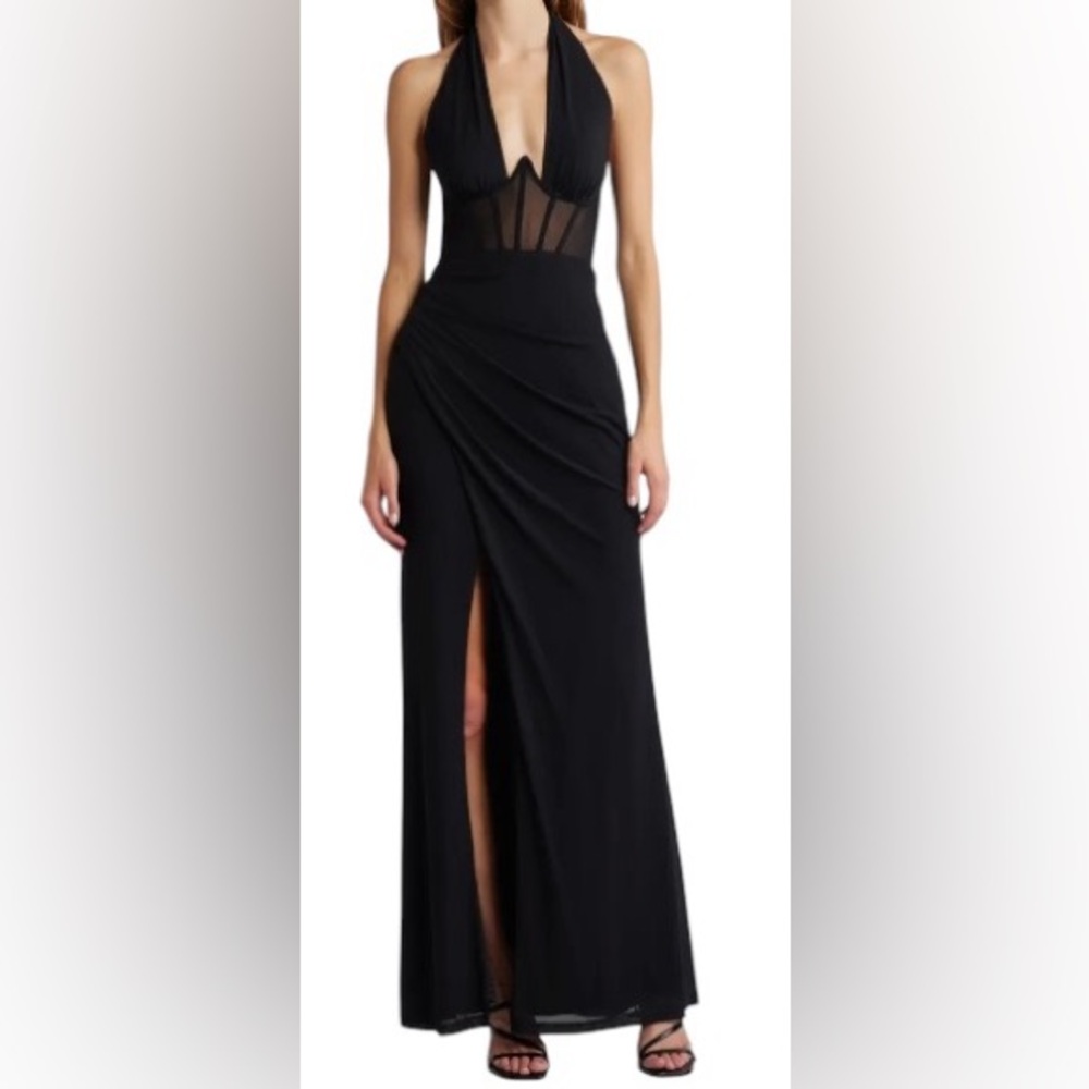 Never-Ending Glamour Black Mesh Cross-Front Halter Maxi Dress Size XS NWOT - Picture 8 of 13